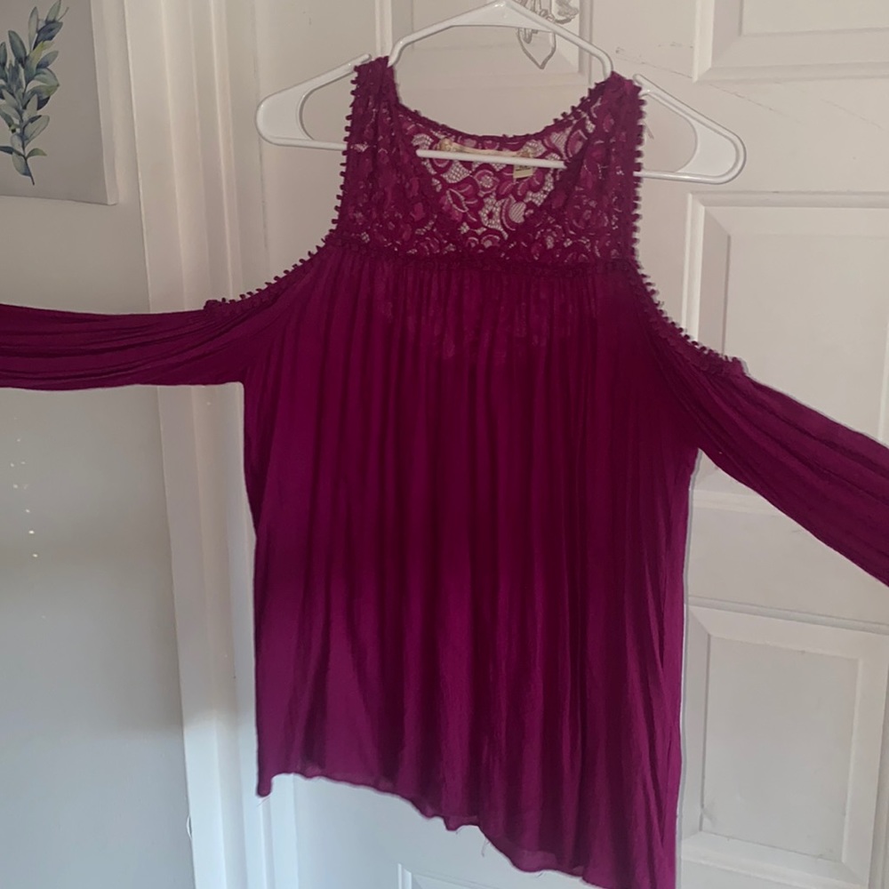 Beautiful maroon flowy long sleeve over the shoulder top